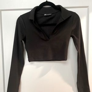 ZARA Ribbed Polo Black Crop Long Sleeve.